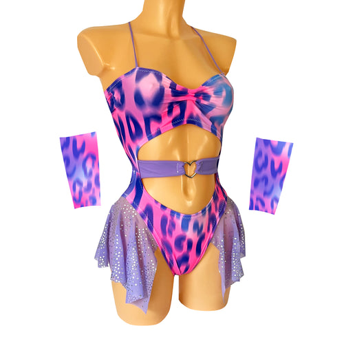 Neon Cheetah Animal Print Rave Bodysuit With Sleeves