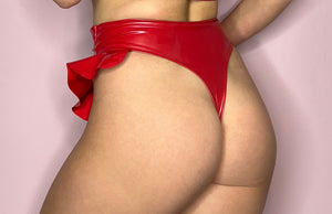 Red PVC High Waisted Rave Bottoms With Frill